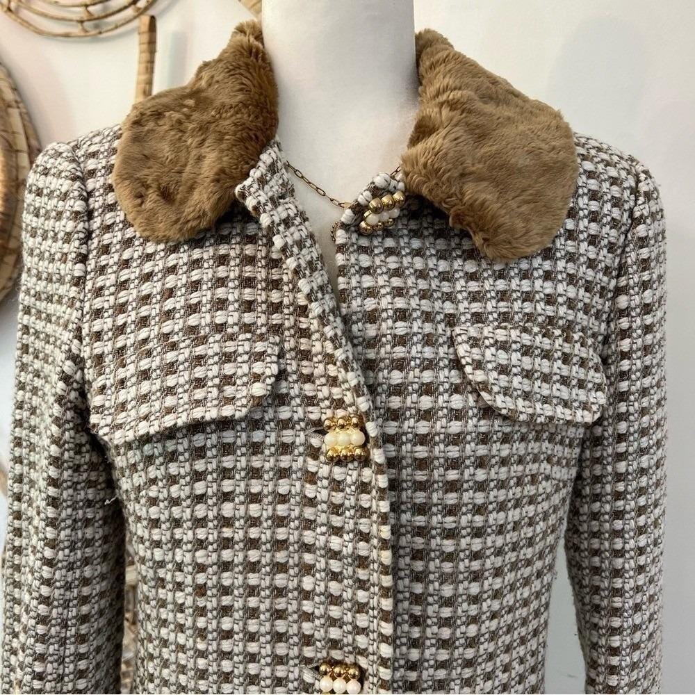 Trina Turk Tweed Wool Coat Faux Fur Collar Tailored Jacket Vintage Size 10 - Picture 11 of 12